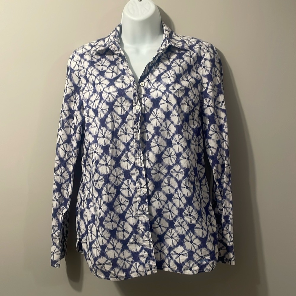 Talbots long sleeve, pure cotton, top for women, blue, and white size xs